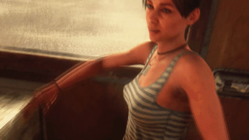 A Woman In A Striped Tank Top Is Leaning Against A Window GIF