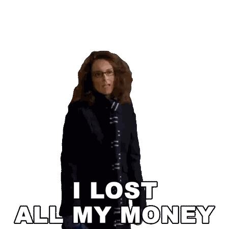 A Woman In A Suit And Scarf Is Walking And Says I Lost All My Money Sticker