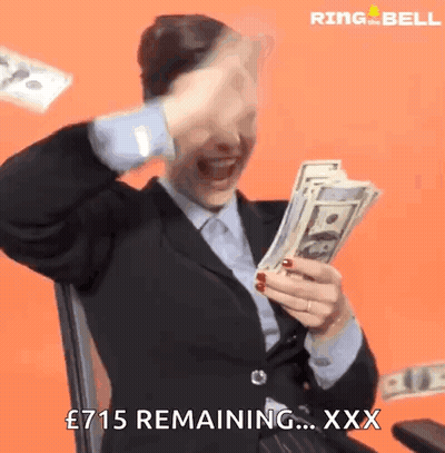 A Woman In A Suit Is Holding A Bunch Of Money And Says " £ 715 Remaining " GIF
