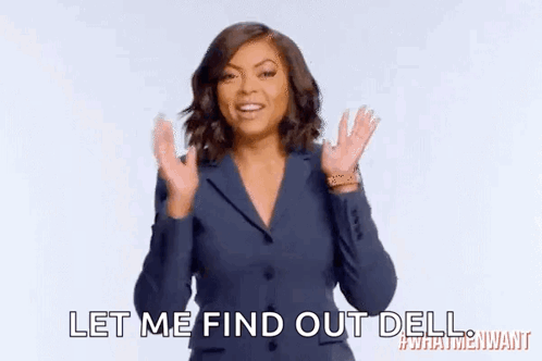 A Woman In A Suit Is Saying `` Let Me Find Out Dell '' While Waving Her Hands . GIF