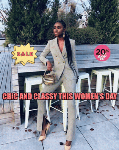 A Woman In A Suit Sits On A Stool With The Words Chic And Classy This Women 'S Day On The Bottom GIF