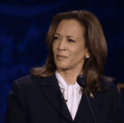 A Woman In A Suit Stands In Front Of A Microphone And Looks At The Camera GIF