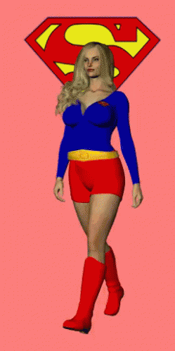 A Woman In A Supergirl Costume Is Standing In Front Of A Superman Symbol GIF