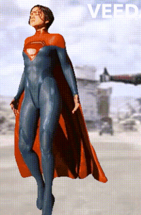 A Woman In A Superman Costume Is Flying In The Air With The Word Veed Below Her GIF