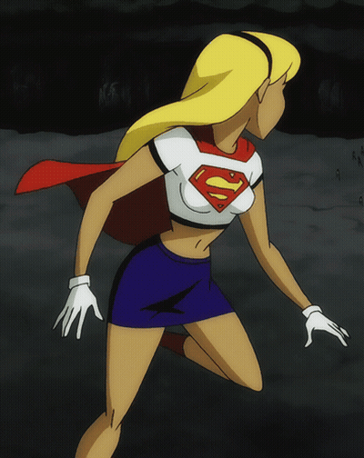 A Woman In A Superman Costume Is Kneeling Down GIF