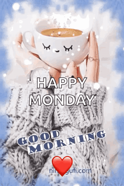 A Woman In A Sweater Is Holding A Cup Of Coffee And Says Happy Monday Good Morning GIF