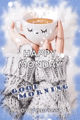 A Woman In A Sweater Is Holding A Cup Of Coffee And Wishing A Happy Monday . GIF