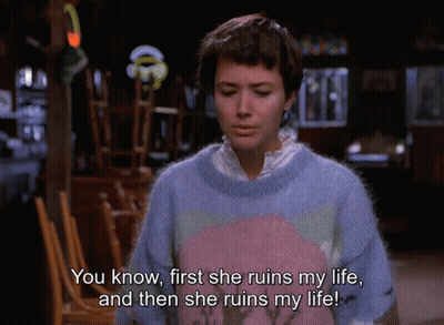 A Woman In A Sweater Says " You Know First She Ruins My Life " GIF