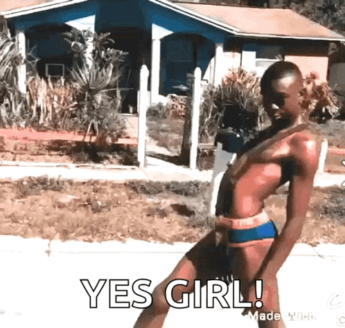 A Woman In A Swimsuit Says Yes Girl In Front Of A House GIF