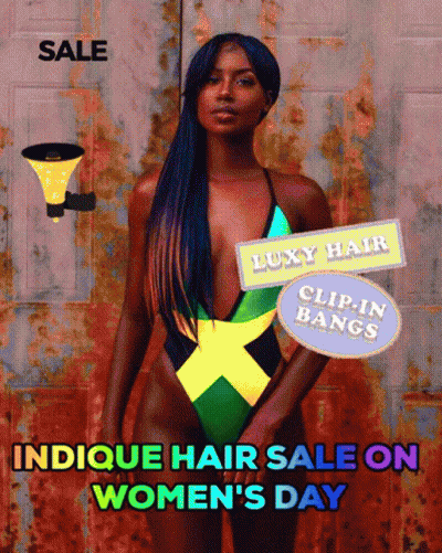 A Woman In A Swimsuit With The Words Indicque Hair Sale On Women 'S Day On The Bottom GIF