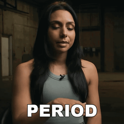 A Woman In A Tank Top With The Word Period Written In White GIF