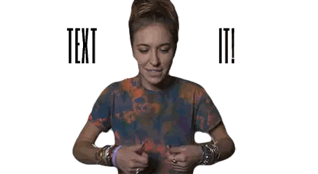 A Woman In A Tie Dye Shirt Is Smiling And Holding A Cell Phone With The Words Text And It Written Above Her Sticker