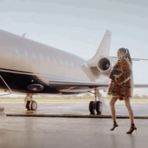 A Woman In A Tiger Print Coat Is Walking In Front Of A Plane GIF