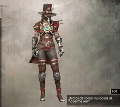 A Woman In A Top Hat Is Standing Next To A Lol Button GIF