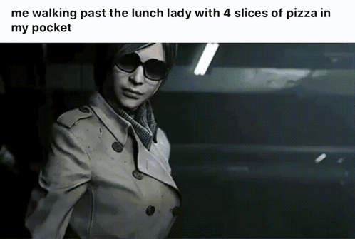 A Woman In A Trench Coat And Sunglasses Is Walking Past A Lunch Lady With 4 Slices Of Pizza In Her Pocket GIF