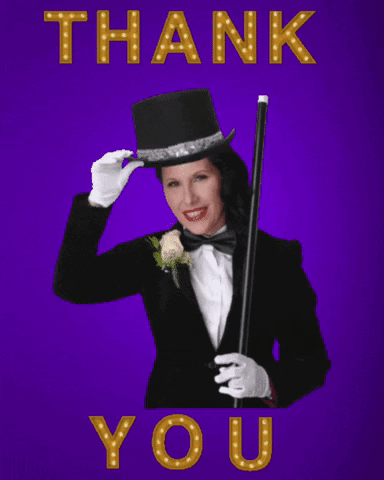 A Woman In A Tuxedo Holding A Cane And A Top Hat With The Words Thank You Above Her GIF