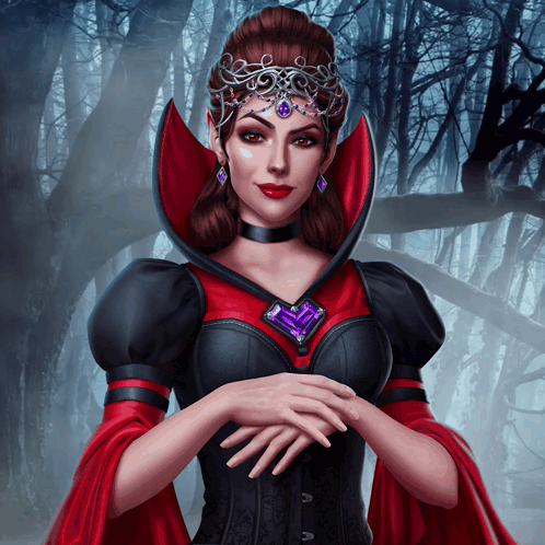 A Woman In A Vampire Costume With A Purple Jewel On Her Neck GIF