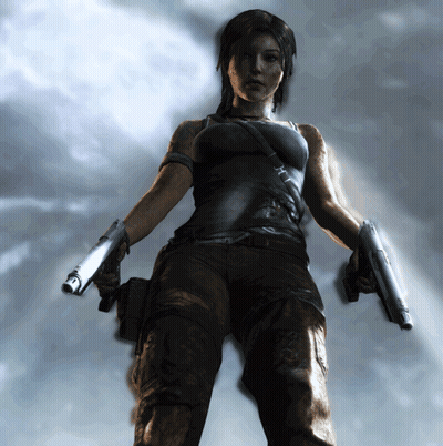 A Woman In A Video Game Holding Two Guns In Front Of A Cloudy Sky GIF