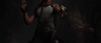 A Woman In A Video Game Holding Two Guns With A Belt That Says ' 00 ' On It GIF
