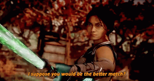 A Woman In A Video Game Is Holding A Green Sword And Says I Suppose You Would Be The Better Match . GIF