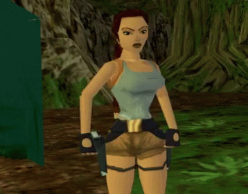 A Woman In A Video Game Is Holding A Gun In Her Pocket GIF