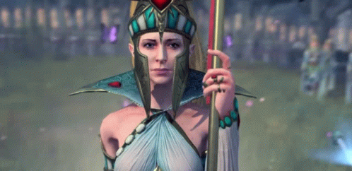 A Woman In A Video Game Is Holding A Spear And Wearing A Helmet . GIF