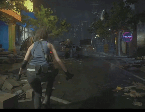 A Woman In A Video Game Is Running Down A Street With A Neon Sign That Says One Way GIF