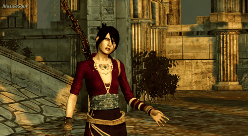 A Woman In A Video Game Is Standing In Front Of A Building With Illusive Soul Written On The Bottom Right GIF