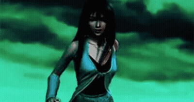 A Woman In A Video Game Is Standing In Front Of A Green Background . GIF