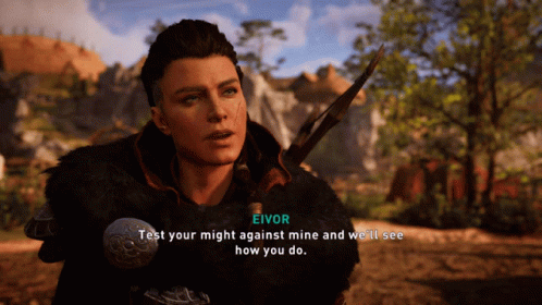 A Woman In A Video Game Is Talking To Eivor GIF