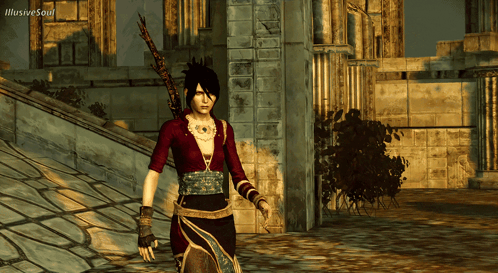 A Woman In A Video Game Is Walking In Front Of A Building That Says Illusive Soul On It GIF