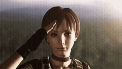 A Woman In A Video Game Salutes With Her Hand On Her Head GIF