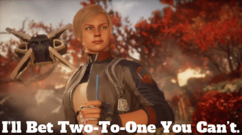 A Woman In A Video Game With The Words " I 'Ll Bet Two-To-One You Can 'T " GIF