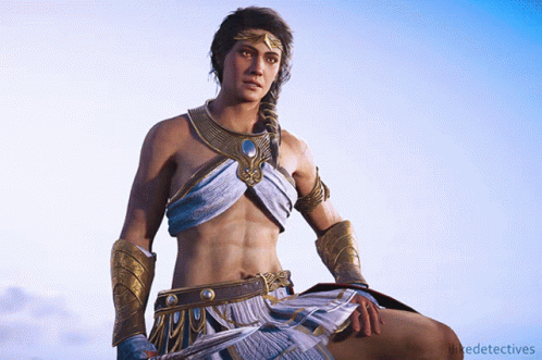 A Woman In A Warrior Costume Is Sitting On A Rock With The Words Detective On The Bottom GIF