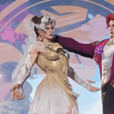 A Woman In A Wedding Dress Is Dancing With A Man In A Suit . GIF