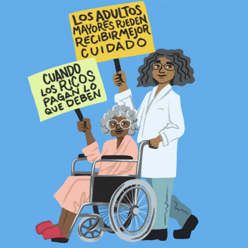 A Woman In A Wheelchair Holds Up A Sign That Says Los Adultos Mayores GIF