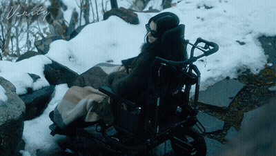 A Woman In A Wheelchair Is Sitting In The Snow With The Word Verity Written On The Bottom GIF
