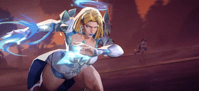 A Woman In A White And Blue Outfit Is Holding A Blue Object In Her Hands GIF