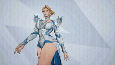 A Woman In A White And Blue Outfit Is Standing In Front Of A Blue Background That Says Emm GIF