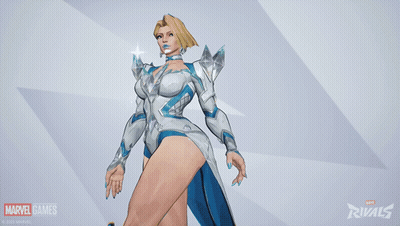 A Woman In A White And Blue Outfit Is Standing In Front Of A Marvel Games Rivals Logo GIF