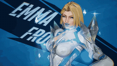A Woman In A White And Blue Outfit With The Name Emma Fro GIF