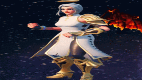 A Woman In A White And Gold Outfit With Wings And A Halo GIF