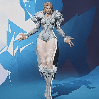 A Woman In A White And Silver Outfit Stands In Front Of A Blue Background GIF