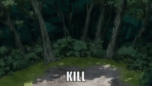 A Woman In A White Apron Is Standing In The Woods With Trees In The Background And Says `` Kill '' . GIF
