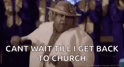 A Woman In A White Coat And Hat Is Dancing In A Church And Says `` Cant Wait Till I Get Back To Church '' . GIF