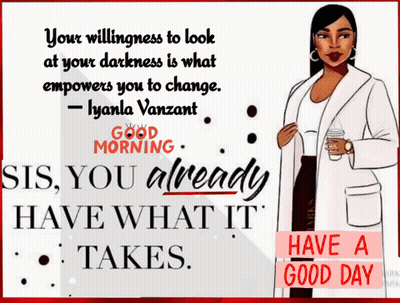 A Woman In A White Coat Is Holding A Cup Of Coffee And A Good Morning Message GIF