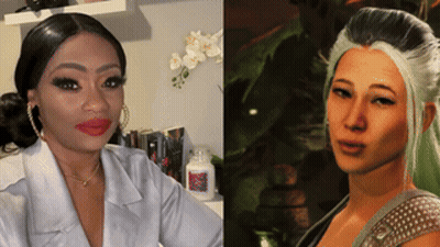 A Woman In A White Coat Is Next To Another Woman With Green Hair GIF