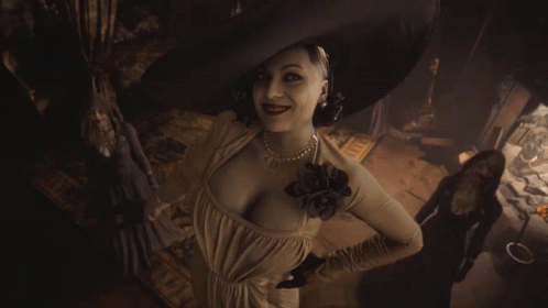 A Woman In A White Dress And A Black Hat Is Standing In A Dark Room GIF