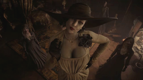 A Woman In A White Dress And Hat Is Standing In A Room With Other Women GIF