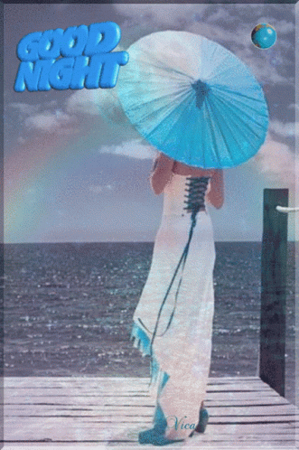 A Woman In A White Dress Holding A Blue Umbrella With The Words Good Night Written Above Her GIF